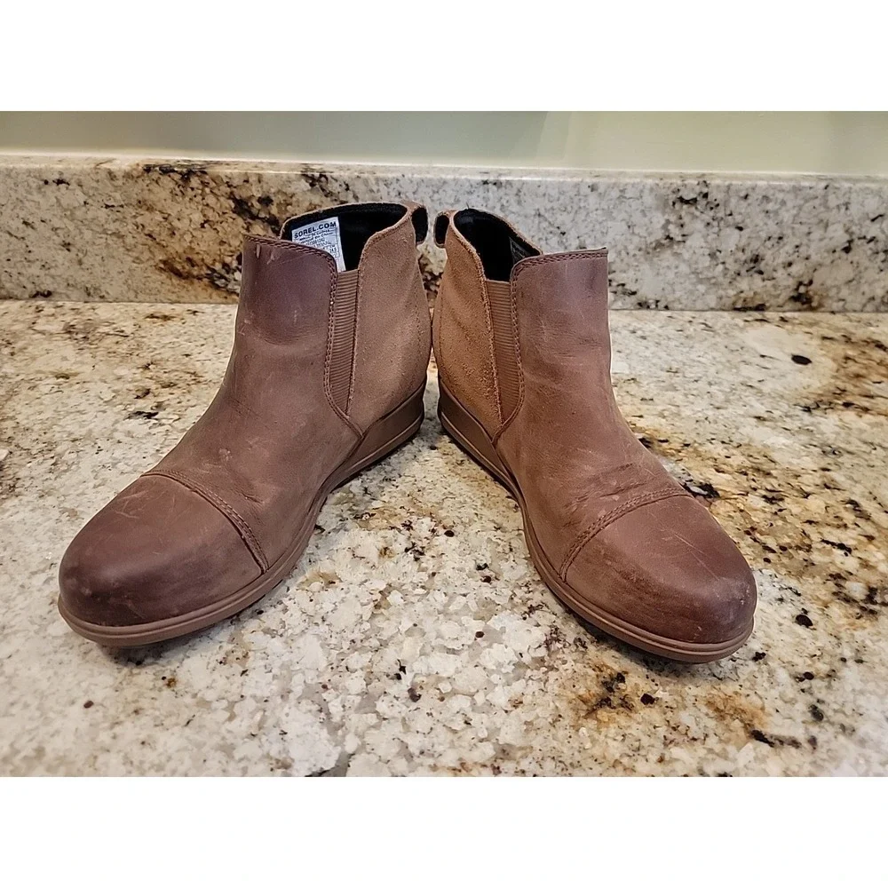 SOREL EVIE PULL ON ANKLE WOMEN BOOTIE SIZE 7.5 TAN DISTRESSED LEATHER